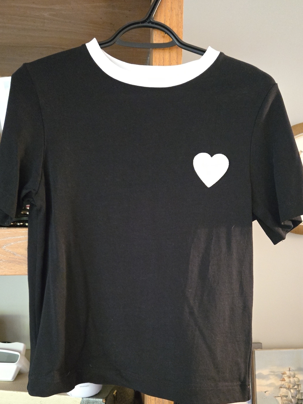 Womens Black Tee with White Heart Accent - 100% Cotton